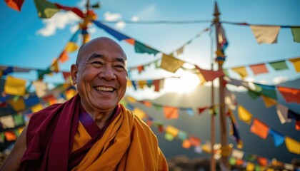 Happy guru blessing concept. Smiling monk surrounded by colorful prayer flags at sunset.