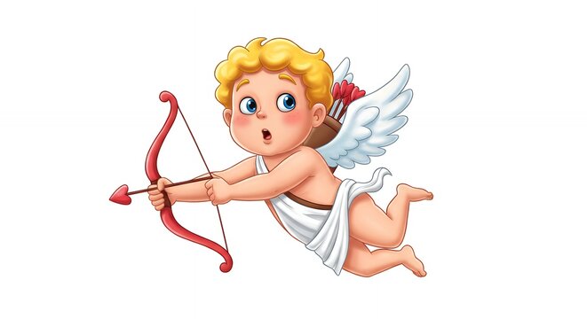 Cartoon cupid character flying and aiming an arrow