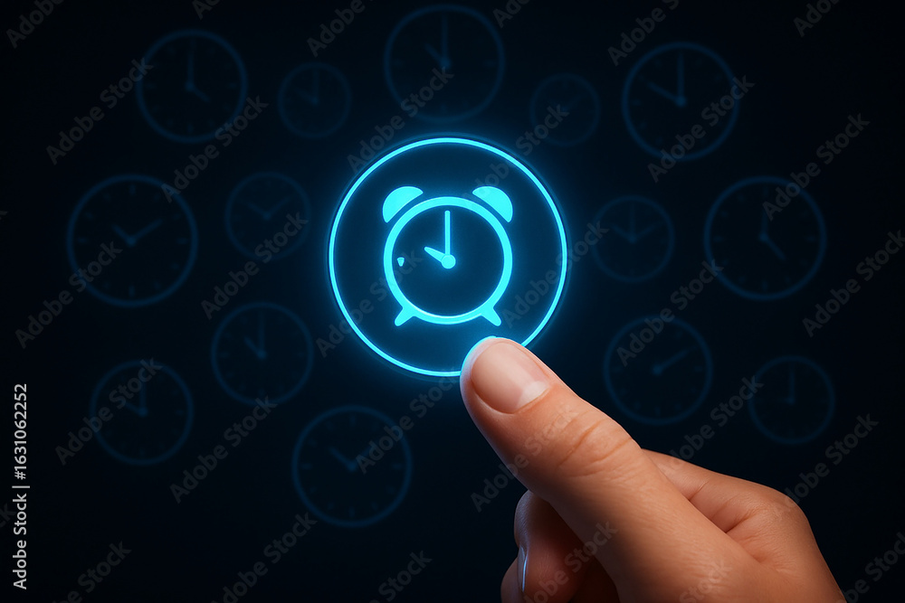 Poster hand interacting with illuminated alarm clock symbol
