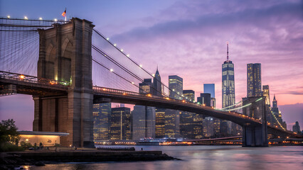 Brooklyn Bridge cityscape at dusk with shimmering lights 