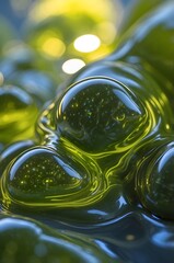 Green Water Bubbles Macro: Nature's Shiny Abstract Fluid Texture