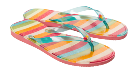 Vibrant striped flip flops for summer beach wear isolated on transparent background