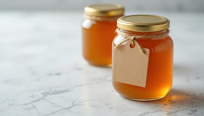 A close-up view of a rustic glass honey jar filled with golden amber honey, sealed with a metallic gold lid. The jar is holding a blank square kraft tag
