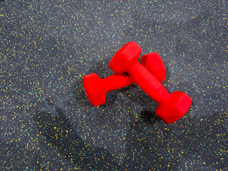 small Red Dumbbells on the floor in gym	
