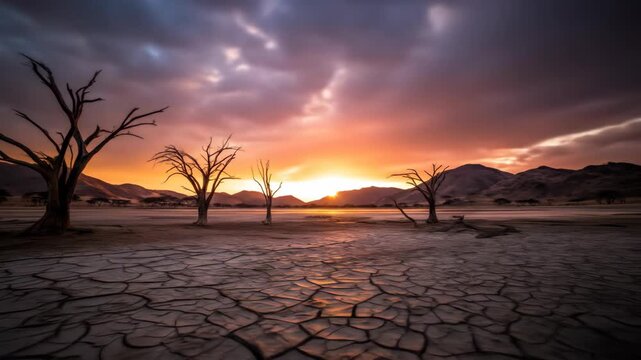 dry cracked land with leafless trees at sunset