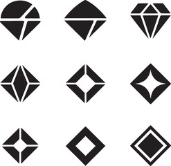 Collection of nine stylized black diamond geometric shapes and icons