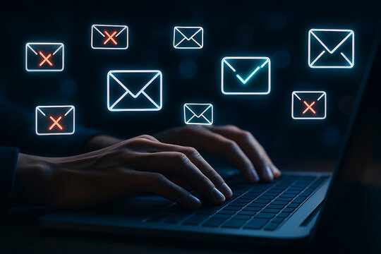 Hands on laptop with glowing email icons and status markers