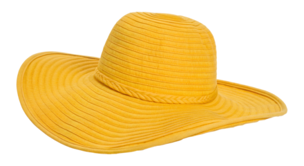 A vibrant yellow woven straw sun hat with a wide brim and tall crown isolated on transparent background