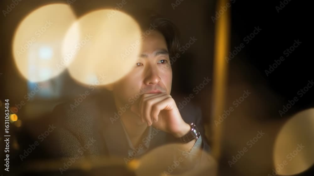 Poster a man is sitting in front of a computer monitor, looking at the screen with a concerned expression