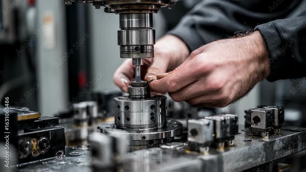 Poster close up view of a metalworker's hands skillfully operating a milling machine in a factory, highligh