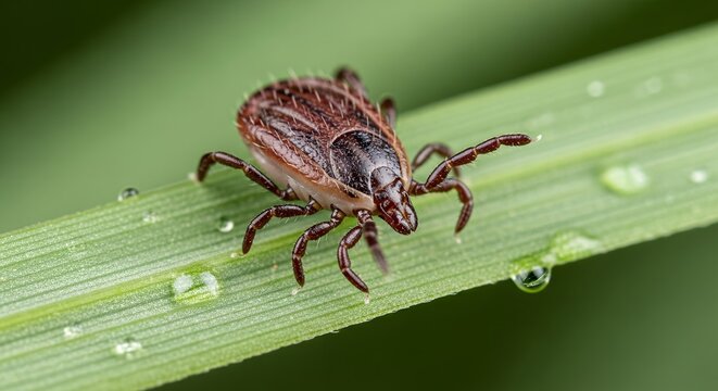 Close up of a brown dog tick with water droplets on green leaf, concept for parasite awareness, veterinary medicine and wildlife photography - Powered by Adobe