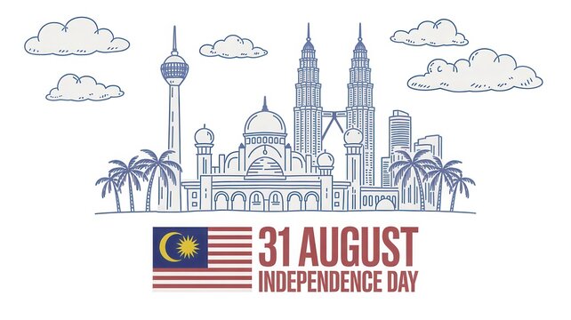 Celebrate Malaysia Independence Day 31 August with iconic skyline and flag in vibrant illustration style