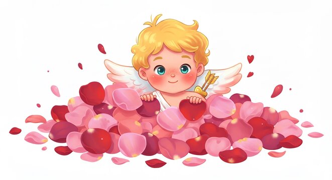 Cute cupid figurine in a pile of rose petals