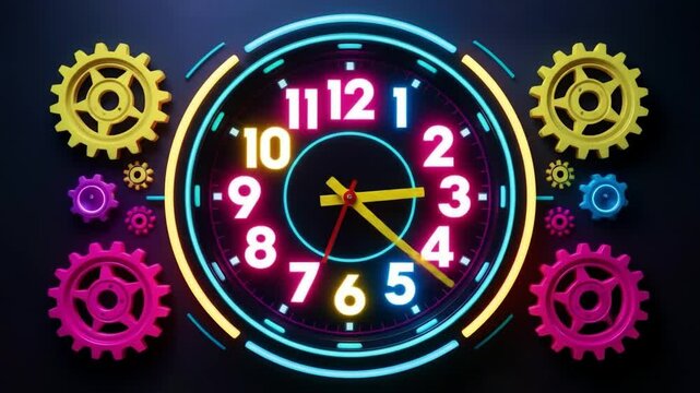 Futuristic Colorful Clock Illustration Featuring Glowing Neon Numbers and Gears with Electric Effects Representing Concept of Time Speed Technology and Modern ... See More