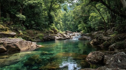 Serene River in Lush Green Forest