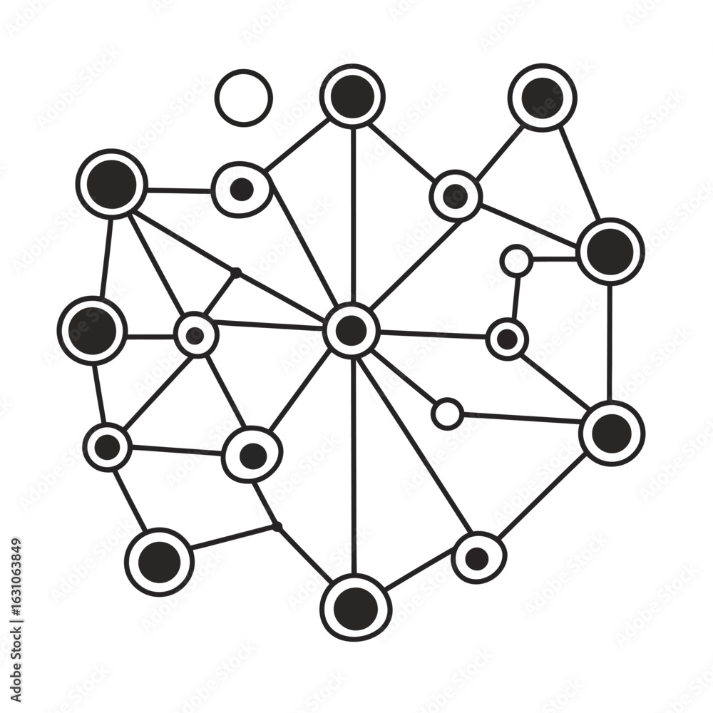 Poster complex network interconnected black and white circles with lines on white space