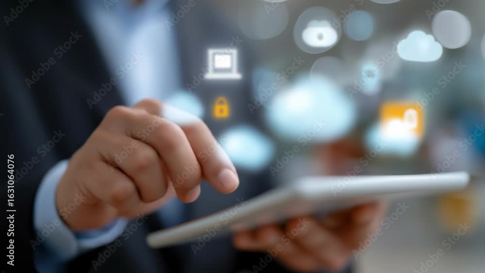 Aufkleber a person is using a tablet with a lot of icons on it. the person is touching the screen and it appea
