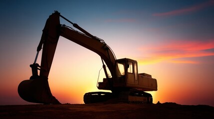 Excavator silhouette against vibrant sunset sky, construction site softly blurred in background.