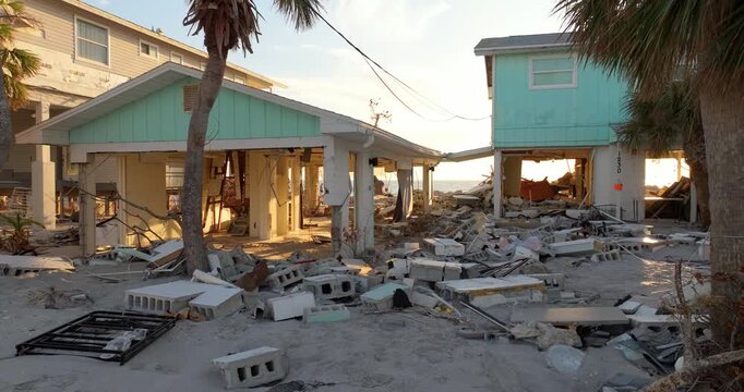 Storm surge severe damage to waterfront houses after hurricane Milton in Englewood, Florida. Destroyed homes on gulf coast.