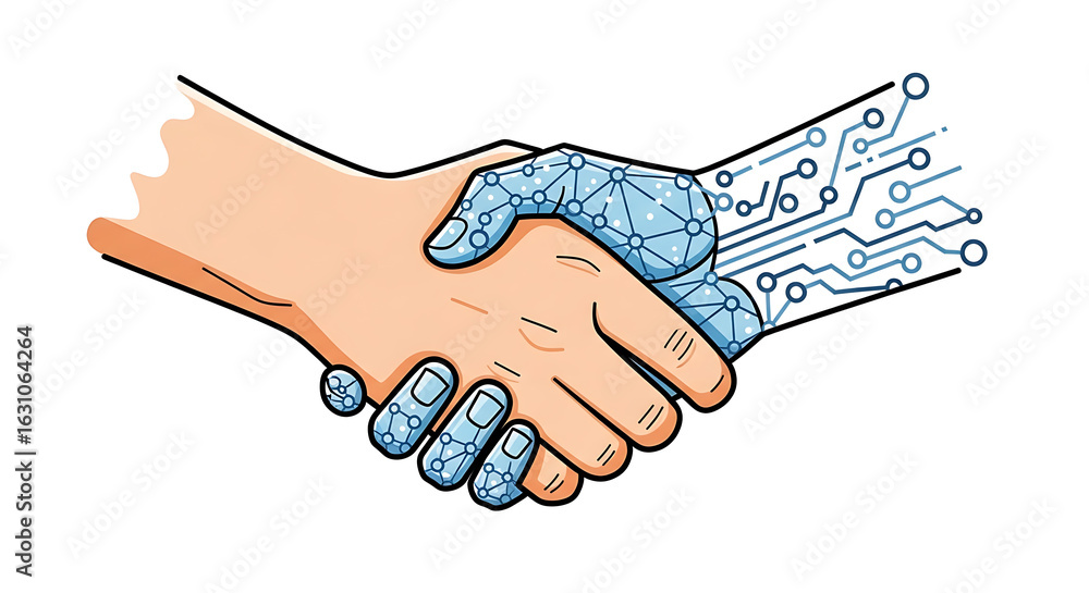 Aufkleber illustration of a handshake between a human hand and a robotic hand with circuit patterns ai generat
