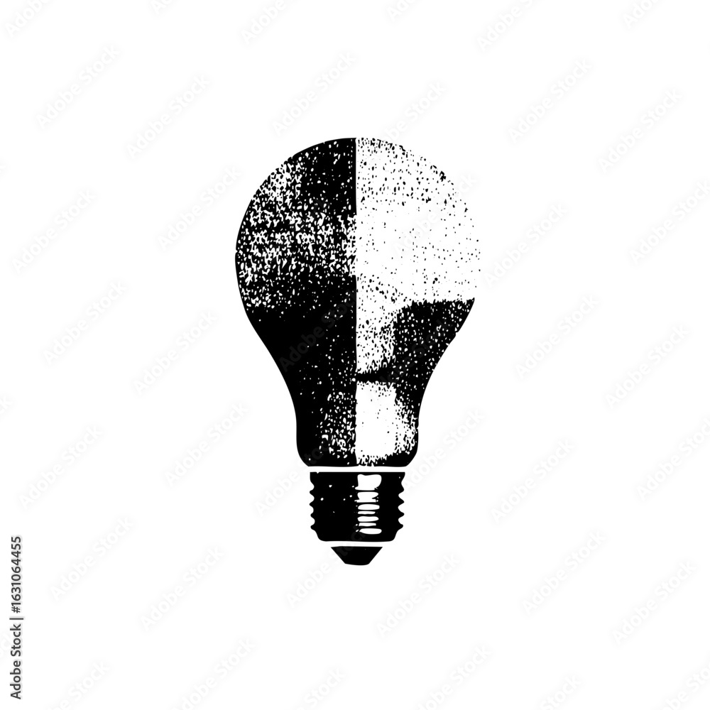 Poster vector split lightbulb with textured halftone effect.