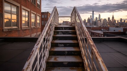 Fototapeta premium Rusty metal staircase on rooftop with city skyline at sunset