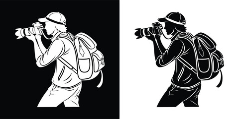 Silhouette of a photographer with a camera and backpack, focused on capturing a moment, representing creativity and visual storytelling