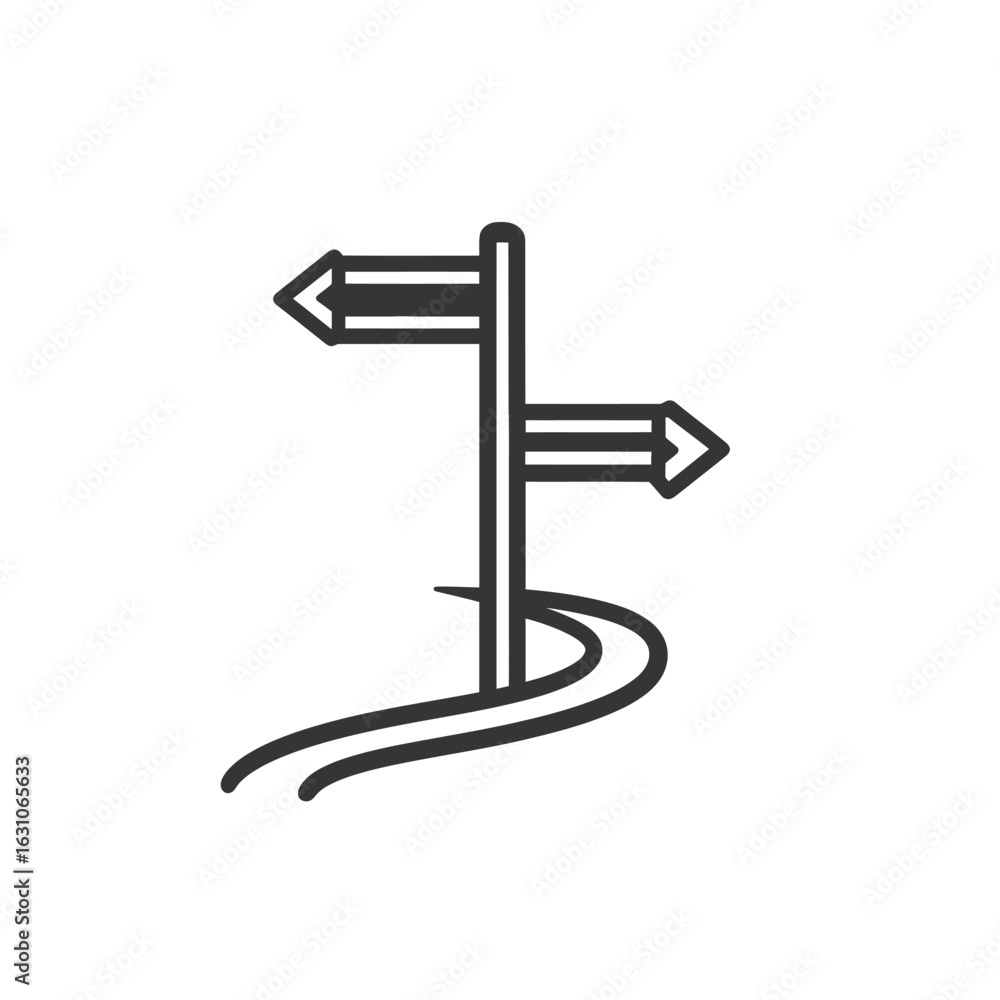 Poster directional road sign with two arrows and curved path icon design isolated