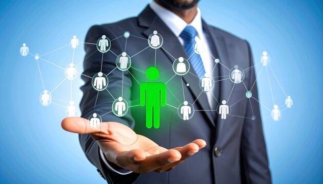 Man in Suit Holding Graphic of Social Network Connection with Highlighted Person in Green, Symbolizing Recruiting and Selection Processes