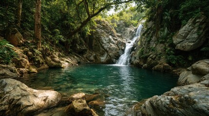 Fototapeta premium Serene Waterfall Oasis: Hidden Gem in Lush Tropical Paradise