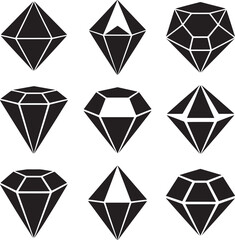 Collection of nine distinct black diamond gemstone icons with faceted designs