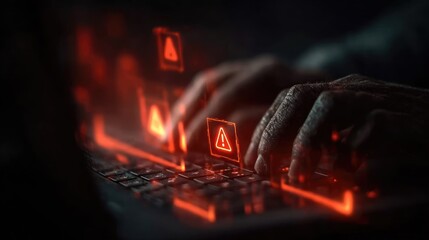 Close-up of hands typing on a laptop with red alert symbols