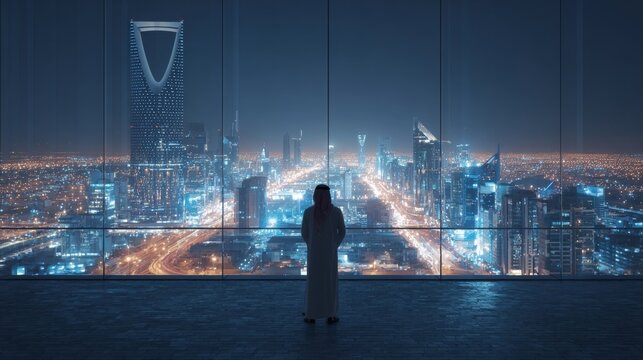 Person in traditional Arabian attire views illuminated cityscape through a large window at night