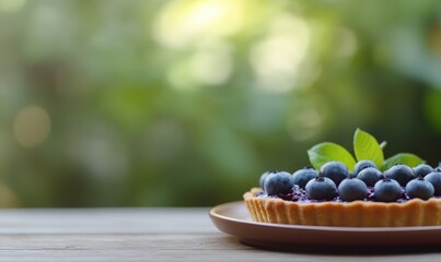 Fresh blueberry tart on wooden table with green background