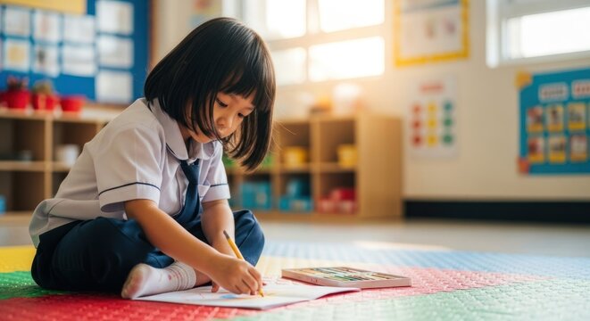 Young student drawing with crayons in classroom, sitting on floor with colorful mat, wearing school uniform and socks