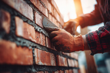 Construction worker applying mortar to brick wall during masonry work