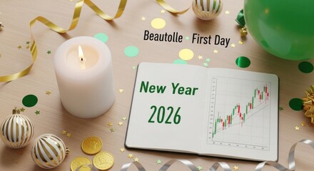 New Year 2026 Celebration with Candle, Confetti, Ornaments