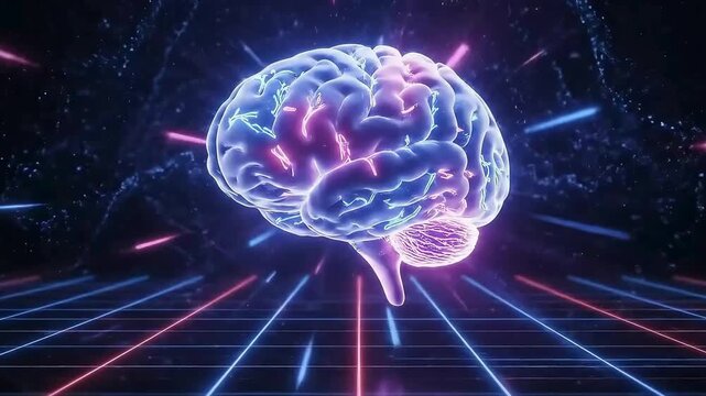 "Futuristic Digital Brain with Neon Grid Representing Artificial Intelligence and Neural Networks"