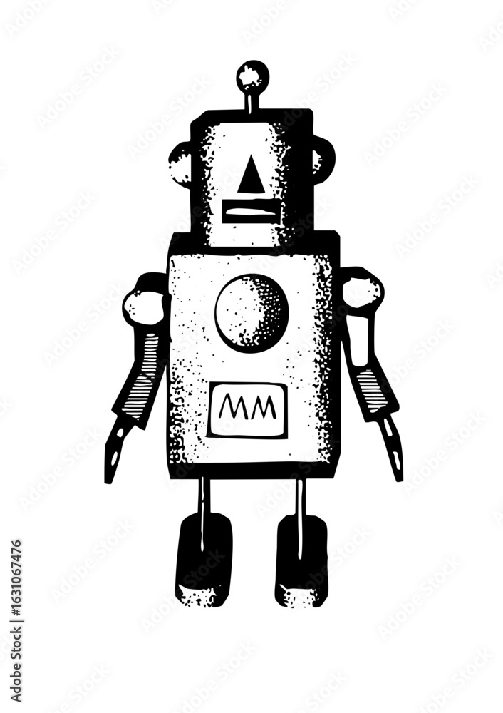 Poster vector retro robot with a textured hand-drawn style.
