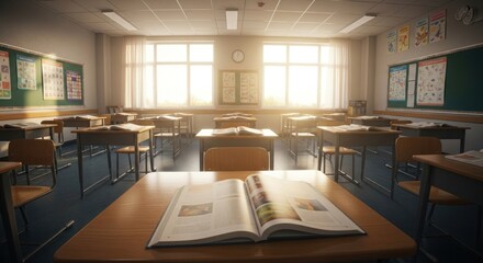 Classroom with Desks and Open Book in Bright Sunlight, Education and Learning Environment, Empty Schoolroom with Chalkboard and Posters