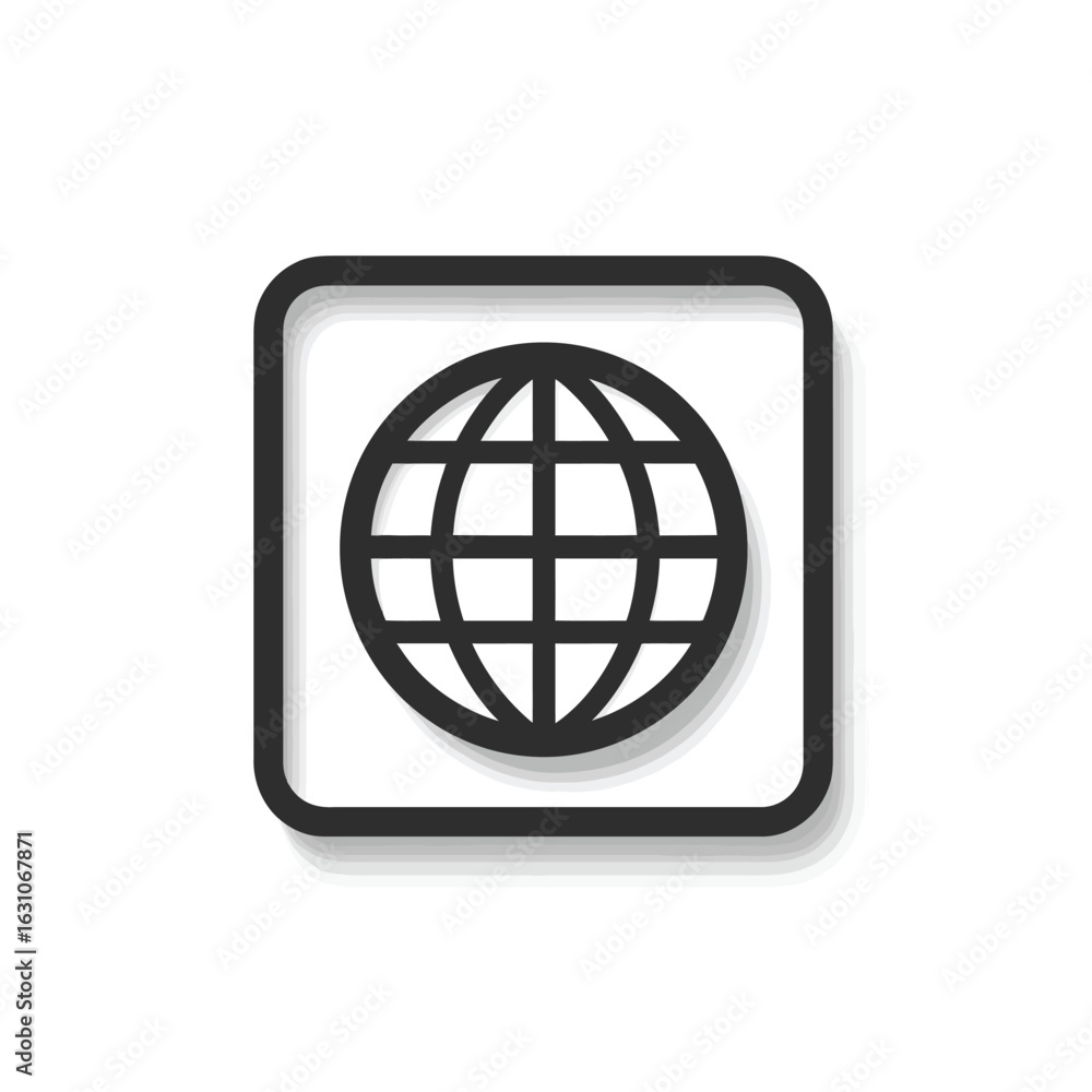 Aufkleber globe icon with shadow in square rounded frame, black and white style design