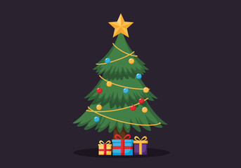 Obraz premium Festive Christmas tree illustration with a star, colorful ornaments, and wrapped gifts for the holiday season