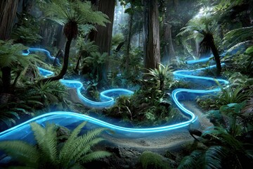 Lush forest path with glowing blue trails