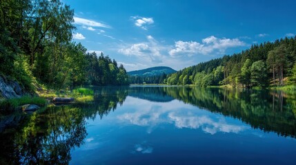 Fototapeta premium Serene Lake Reflection: A Picturesque Mountain Lake in Summer