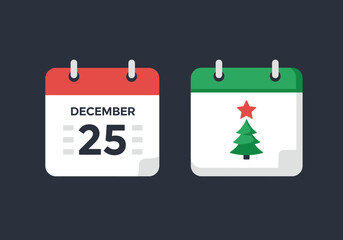 Christmas holiday calendar icons showing the date December 25th and a festive tree. Vector illustration for holiday planning.