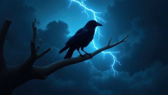 A solitary black crow perches on a bare branch under a stormy sky with vivid blue lightning striking around it creating a dramatic and atmospheric scene - Powered by Adobe