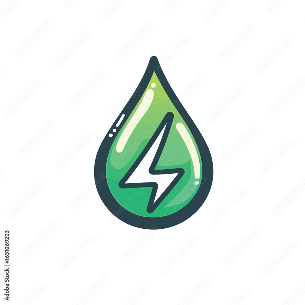 Poster green fluid drop with white lightning inside isolated on transparent background