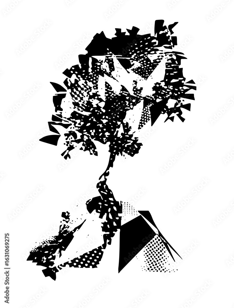 Poster vector abstract portrait of a man with a tie rendered in fragmented black vector shapes.