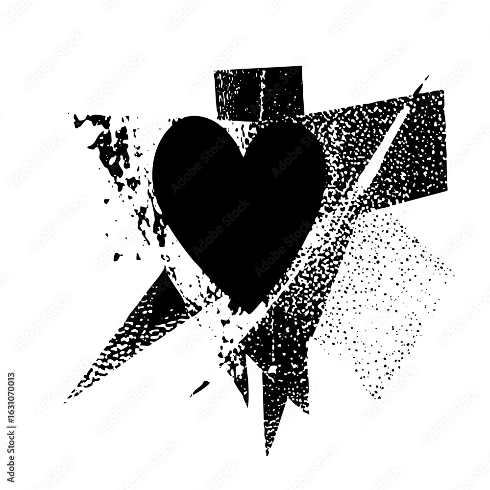 Poster vector abstract heart and cross with distressed texture.