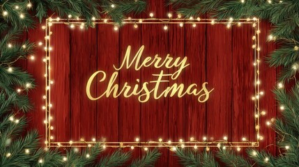Rustic Merry Christmas Wooden Sign Background with Warm Lights, Garland, and Farmhouse Holiday Decor